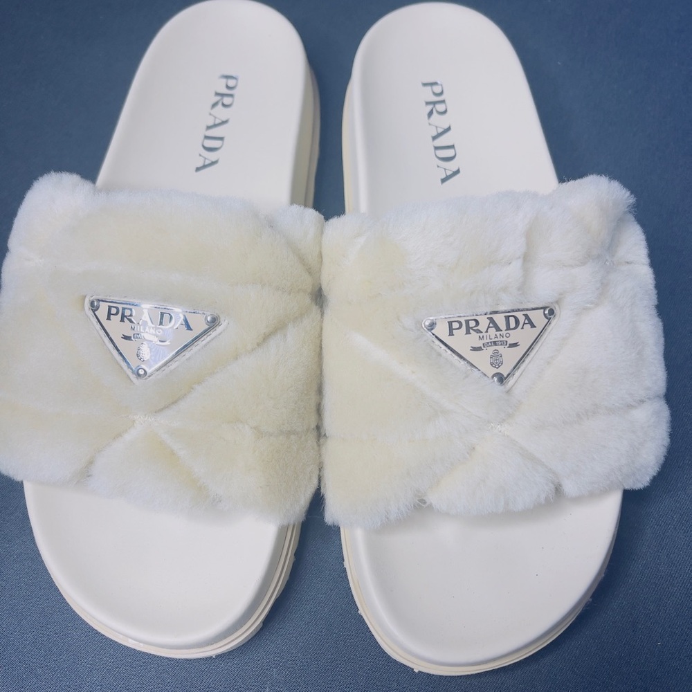 Prada Cream Plush Slippers with Logo